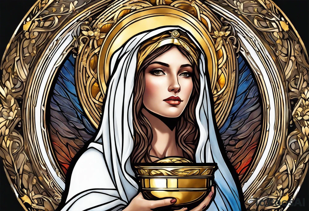 holy saint woman with golden halo holding a chalice tattoo idea
