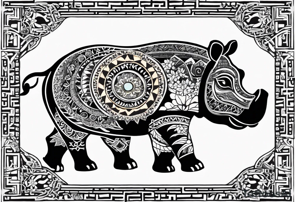 A foot long 2.5inches wide tattoo, containing a detailed hippo headwith tribal patterns in the middle, a full moon on the upper side, and some wintersweet flowwer on the bottom side, these three components are connected with arches, lines, little geometric patterns, the lines will ne fine and narrow tattoo idea