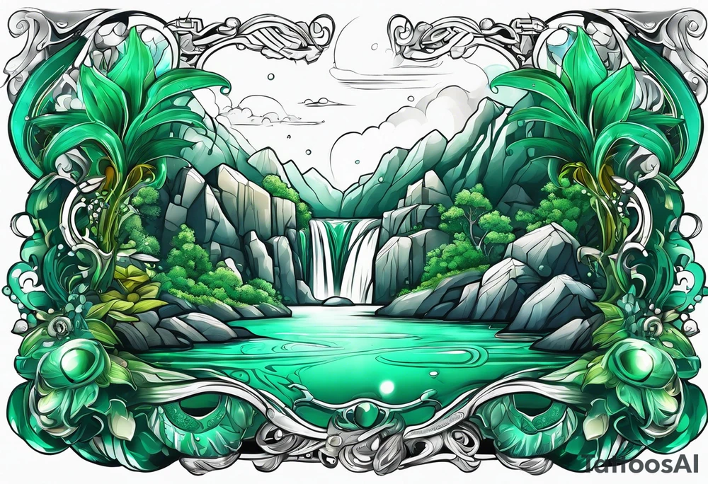 Emerald stones waterfall background tattoo idea