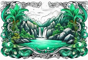 Emerald stones waterfall background tattoo idea