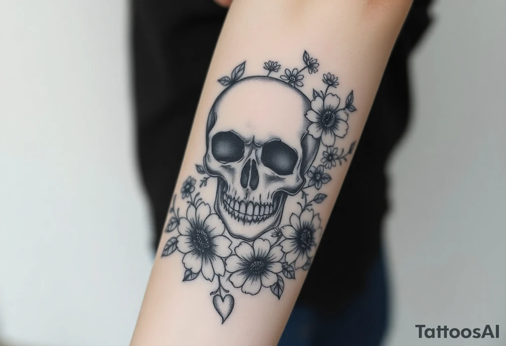 Pretty skull surrounded by wildflowers and hearts half sleeve tattoo idea