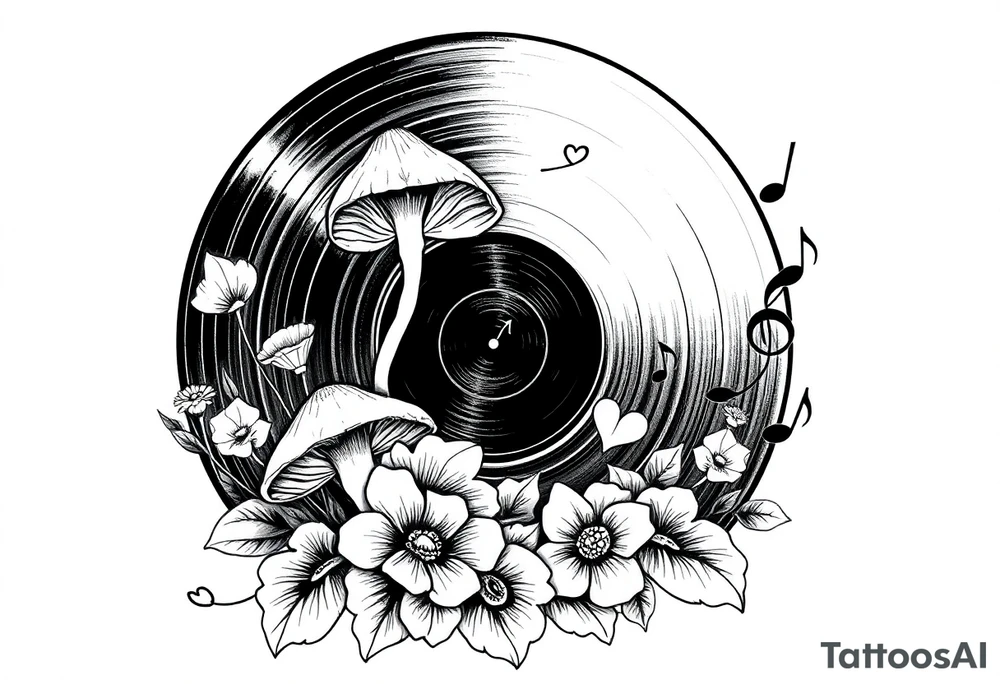 vinyl record with mushrooms, flowers, hearts, and music notes tattoo idea
