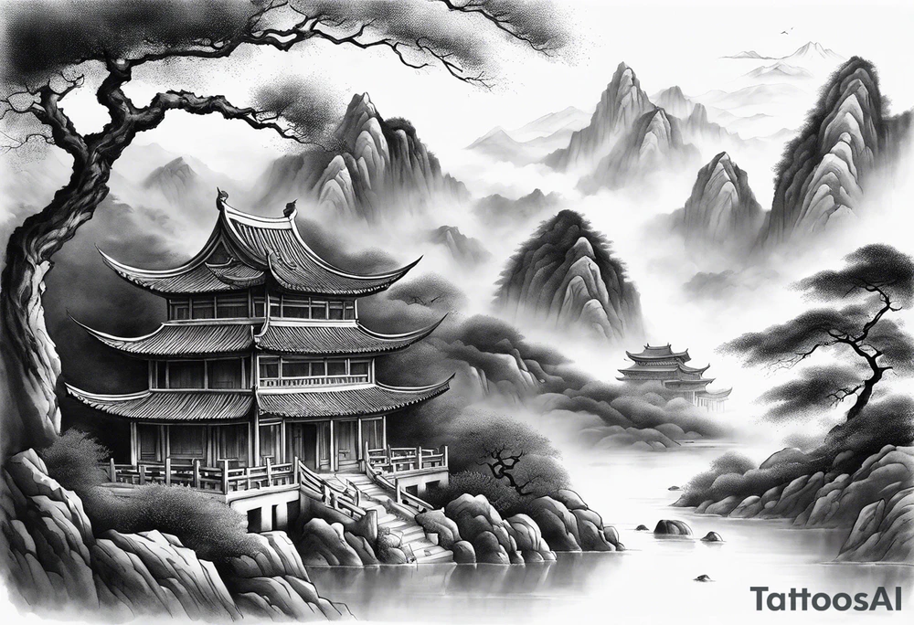 forearm sleeve traditional chinese art painting style autumn mountains mist fog water Chinese temple 2 philosophers wearing robes seated drinking tea far away in the distance tattoo idea