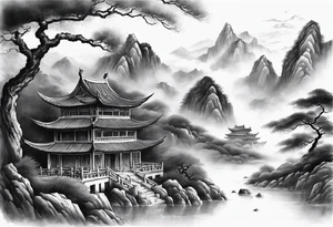 forearm sleeve traditional chinese art painting style autumn mountains mist fog water Chinese temple 2 philosophers wearing robes seated drinking tea far away in the distance tattoo idea