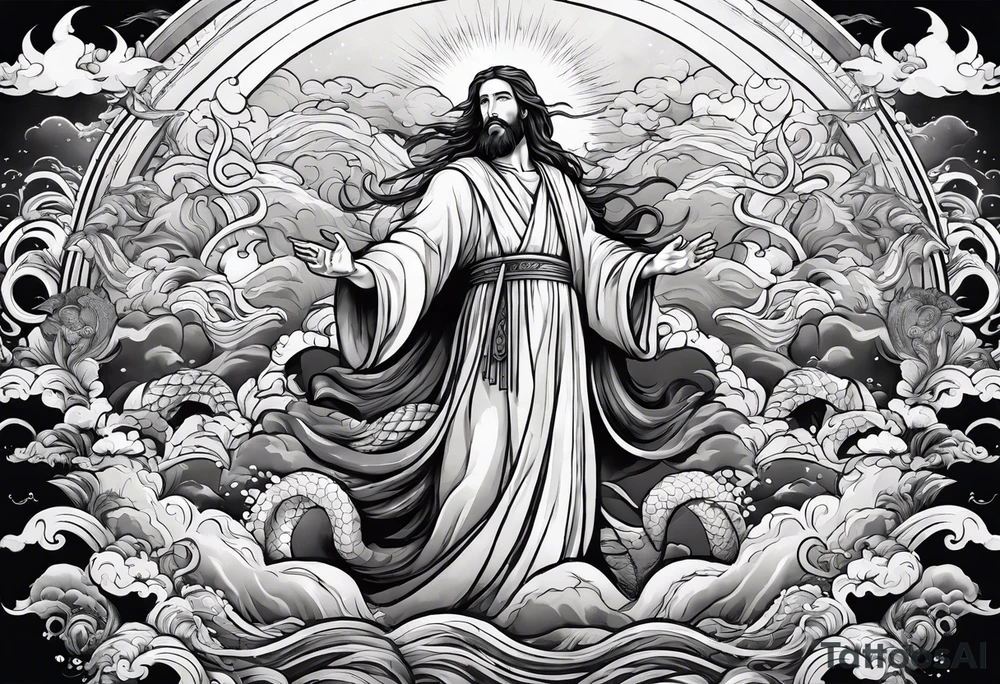 Almighty Jesus Christ ascends from Heaven to battle against the Almighty Serpent in the ocean tattoo idea