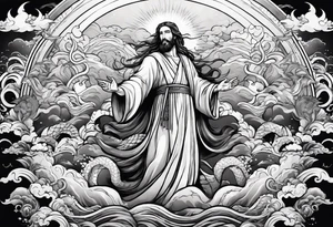 Almighty Jesus Christ ascends from Heaven to battle against the Almighty Serpent in the ocean tattoo idea