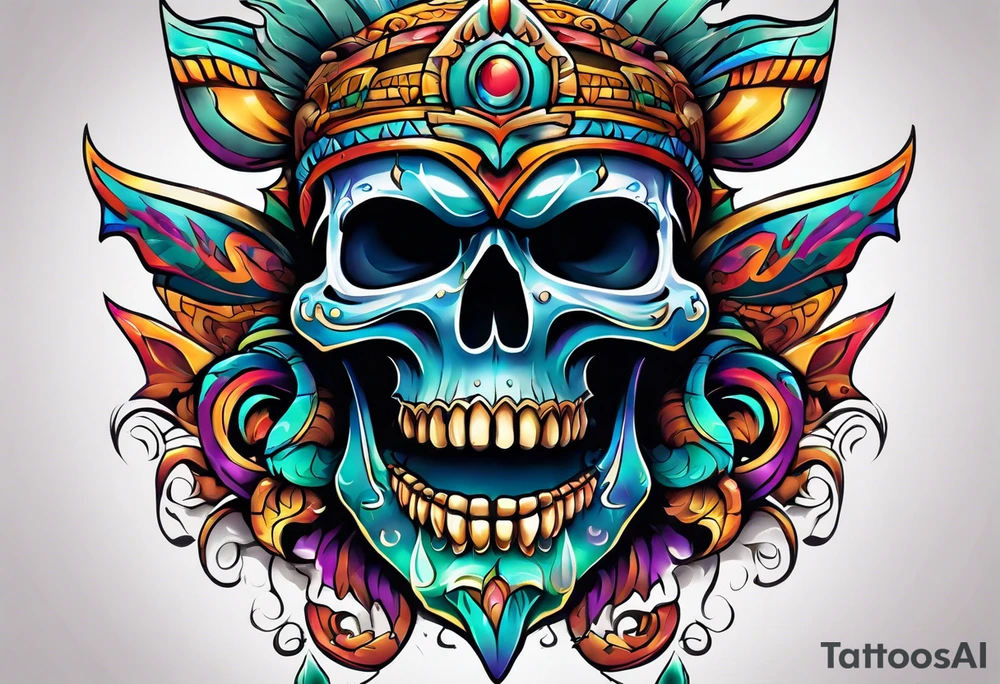 Colorful Mayan scull with water coming out of mouth with bats tattoo idea