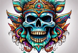 Colorful Mayan scull with water coming out of mouth with bats tattoo idea