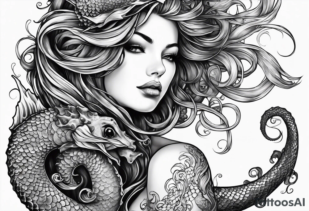Side profile mermaid with trident looking at seahorse face to face. Tattoos on skin and scales showing, octopus tentacles wrapped around tattoo idea