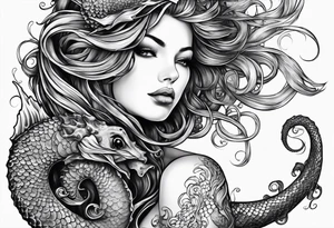 Side profile mermaid with trident looking at seahorse face to face. Tattoos on skin and scales showing, octopus tentacles wrapped around tattoo idea