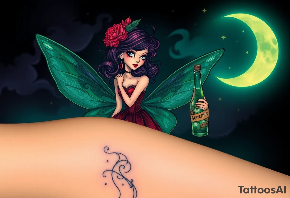 Tim Burton’s kelly doty pin up style Vintage Parisian elegant and hauntingly beautiful yet eerie full body absinthe Green Fairy dances outside her victorian crystal decatur she was once inside this elaborate ornate bottle absinthe bottle Absinthe Art Nouveau   and dripping with muted reds, dusty pinks, and eerie green glow.purple and cyan smokey clouds swirl in the crescent moonlit sky thats sprinkled with stars tattoo idea