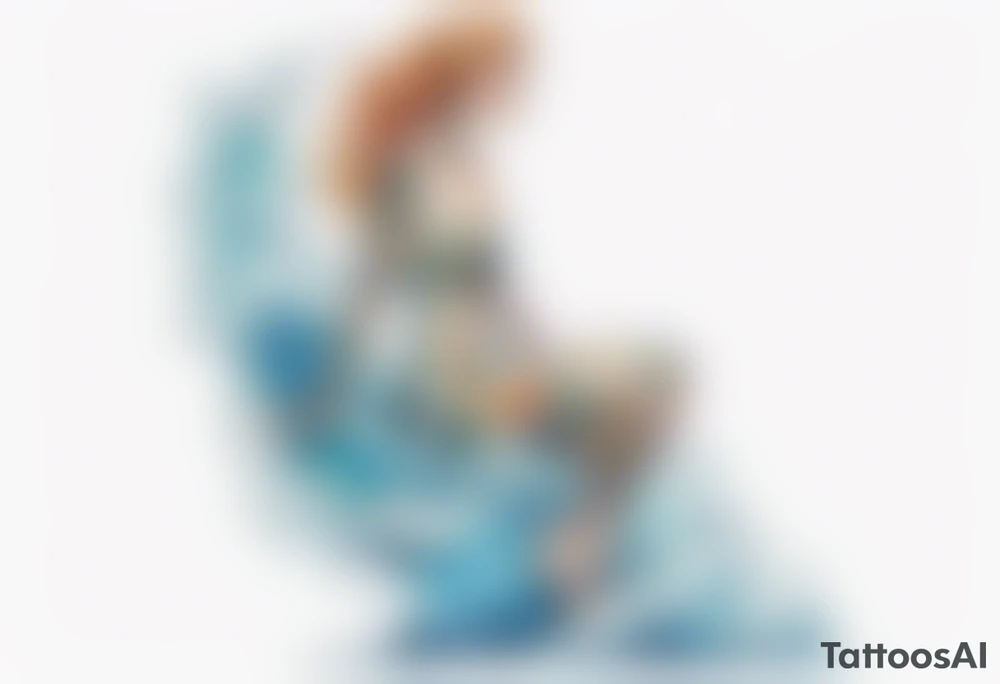 a tall transparent woman made of glass covered with water, sitting upon a wave tattoo idea