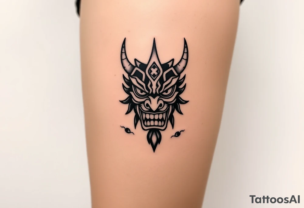 Oni mask surrounded by smoke tattoo idea