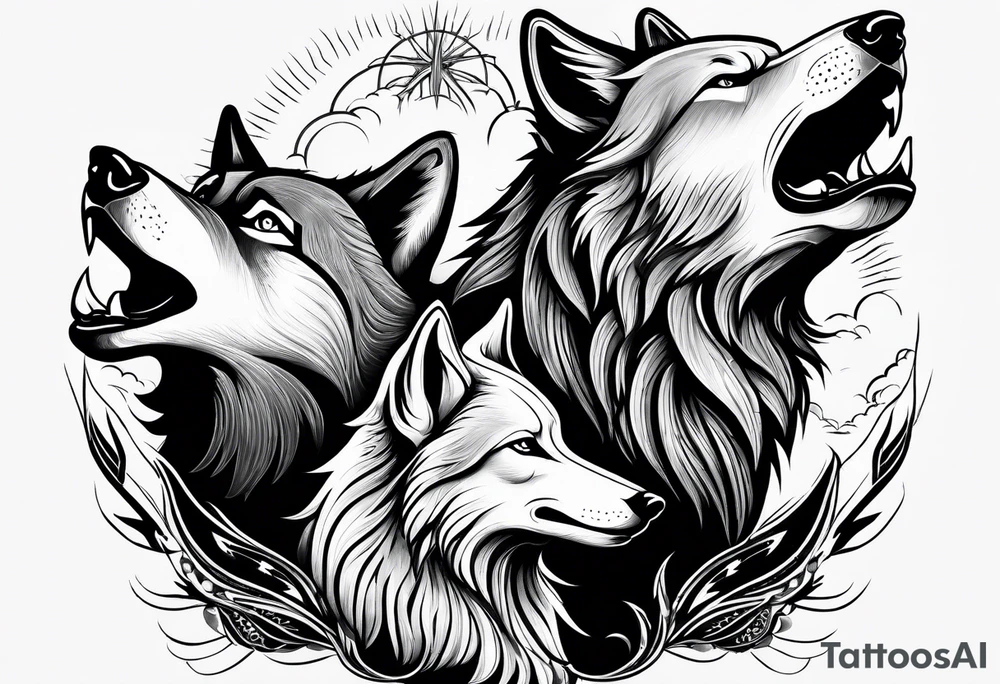 family of wolves (dad, mom, son, daughter) howling tattoo idea