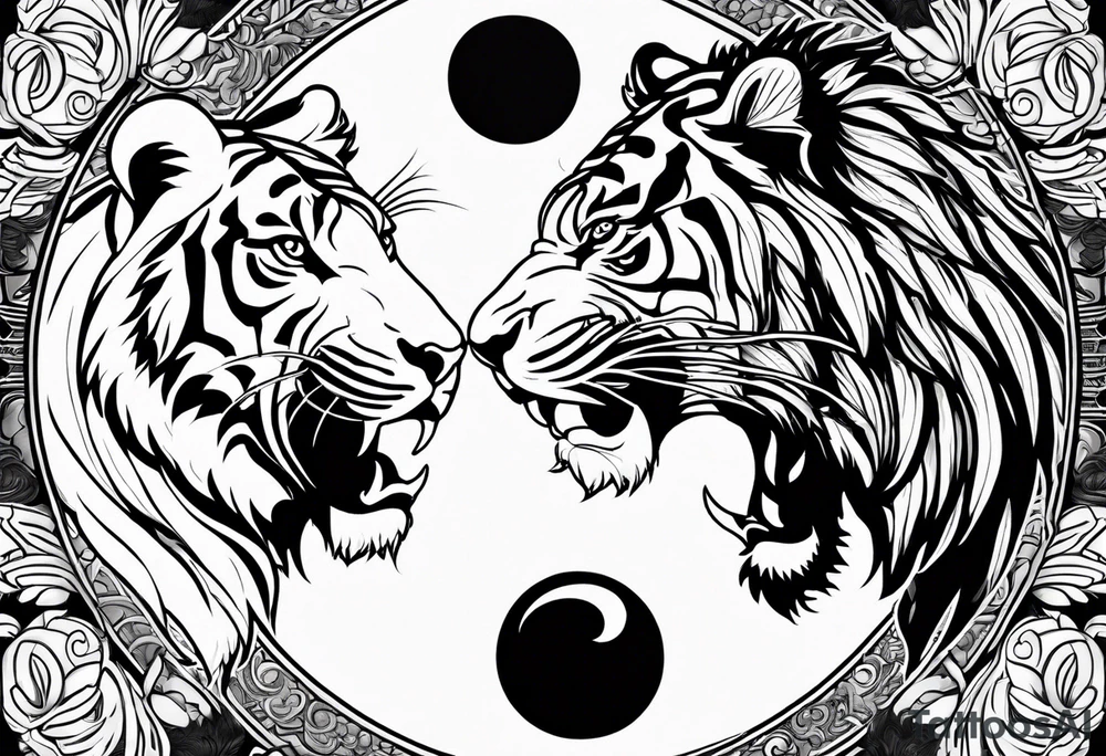 Tiger and lion on a yin yang plate tattoo idea
