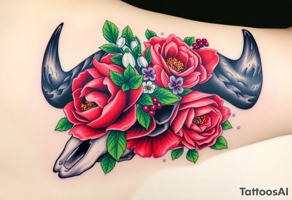 Buffalo or bison skull with flowers. Red Peony, snowdrop, green holly with red berries, purple larkspur,  red peony. Colour. For upper arm or shoulder. Masculin. tattoo idea