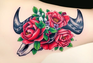 Buffalo or bison skull with flowers. Red Peony, snowdrop, green holly with red berries, purple larkspur,  red peony. Colour. For upper arm or shoulder. Masculin. tattoo idea