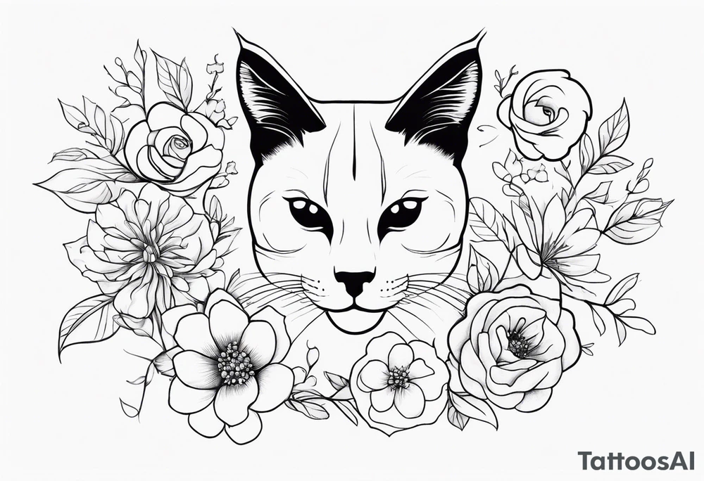 Make me a cat with fine features with flowers around it tattoo idea