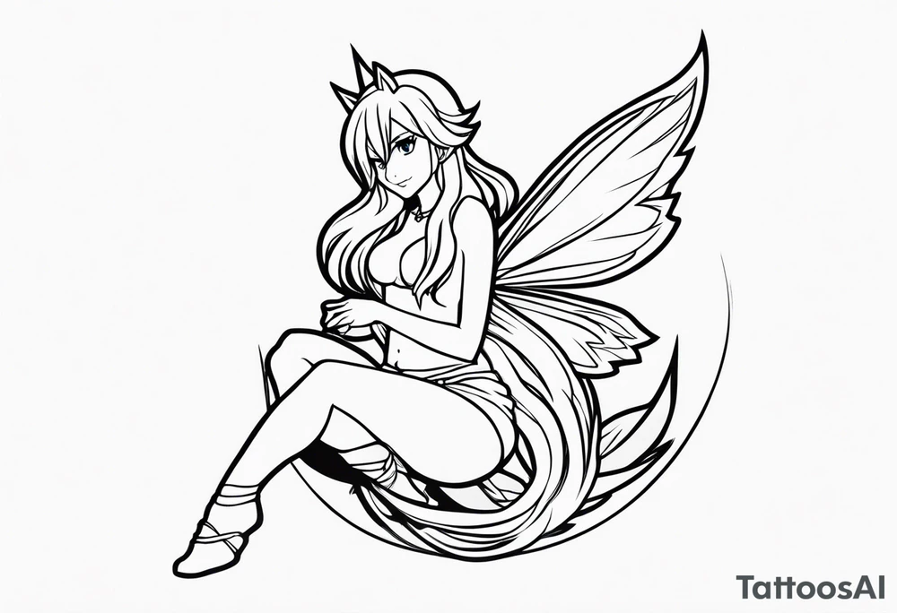 No color fairy with a tail inspired by the logo of the show called Fairy Tail in a fetal position leaning in and forward tattoo idea