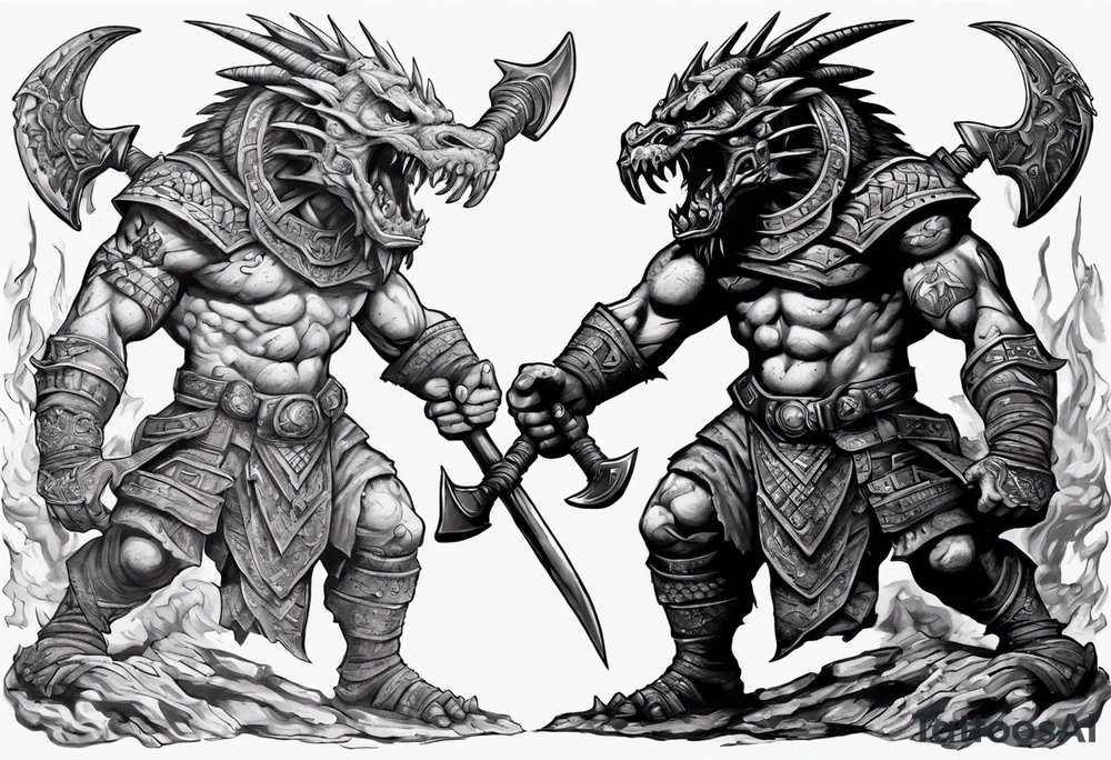 aztec dwarven warrior with a war axe fighting against a dragon in the pits of hell tattoo idea