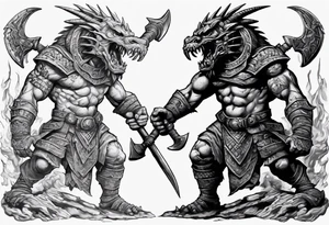 aztec dwarven warrior with a war axe fighting against a dragon in the pits of hell tattoo idea