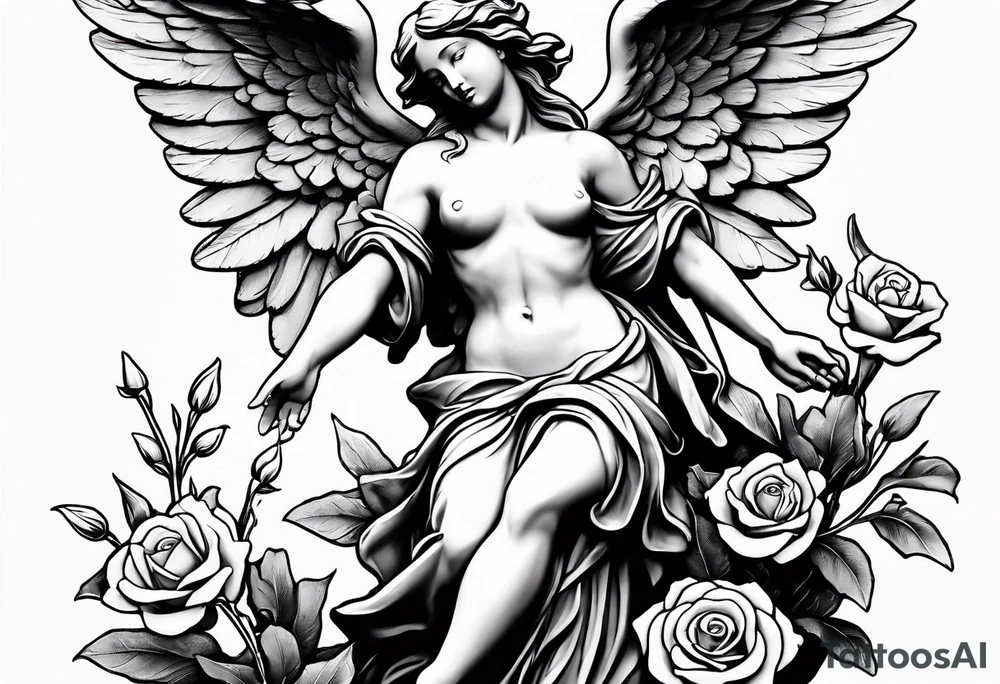 Simple Angel statue stood on a rock with daffodils and roses wrapped around its legs tattoo idea