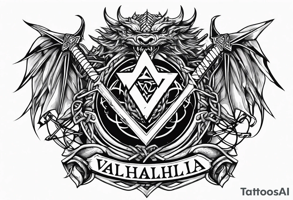 Valhalla sword shield dragon axe Valknut barbed wire chains tattoo idea Valhalla sword shield dragon axe Valknut barbed wire chains tattoo idea