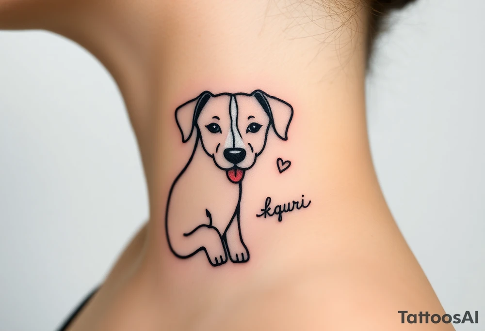 One line tattoo of female dog with white strip going up dog’s snout slightly off centered. With  toy and the dogs tongue slightly out and the name kiwi and an Aquarius them to it . Just the colors black  white brown with a small heart near by tattoo idea