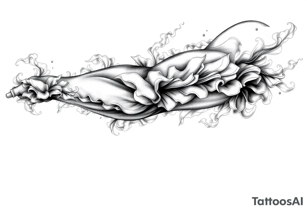 Tattoo sleeve filler using smoke, ash, and fragmented memory effects, organic flow wrapping around arm muscles, soft gradients, negative space, black and grey realism, seamless transitions between main tattoo elements. tattoo idea