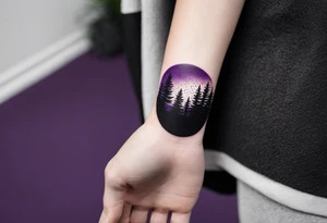forest, abstract, on hand, no people, purple and black, full, whole wrist wrapped, filled, blackwork tattoo idea
