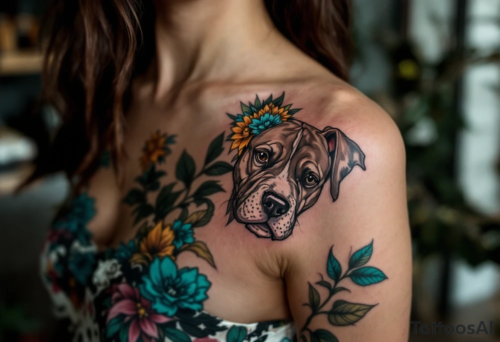 Neo-traditional pitbull head, exaggerated features, bold black outlines, chocolate fur with turquoise and mustard yellow floral accents. tattoo idea