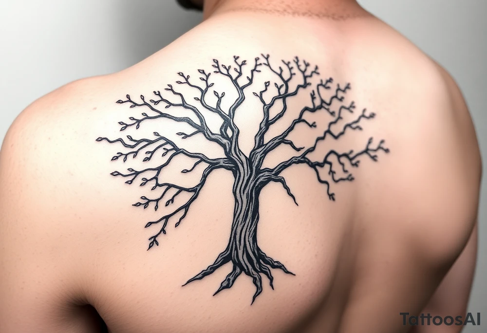 Large Flowing asymmetrical Yggdrasil tree that extends down arm and onto back and chest. Bold and simple branches that do not look realistic. tattoo idea