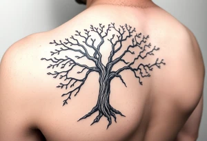 Large Flowing asymmetrical Yggdrasil tree that extends down arm and onto back and chest. Bold and simple branches that do not look realistic. tattoo idea