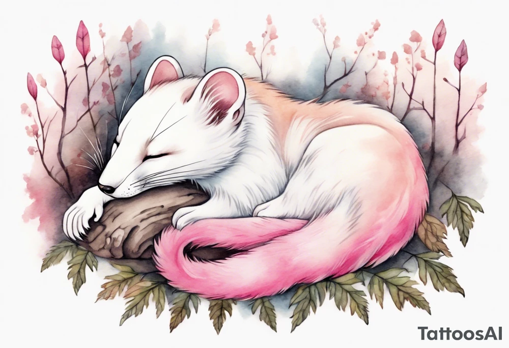 an ermine with pink fur and two tails sleeping in the forest tattoo idea