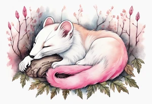 an ermine with pink fur and two tails sleeping in the forest tattoo idea