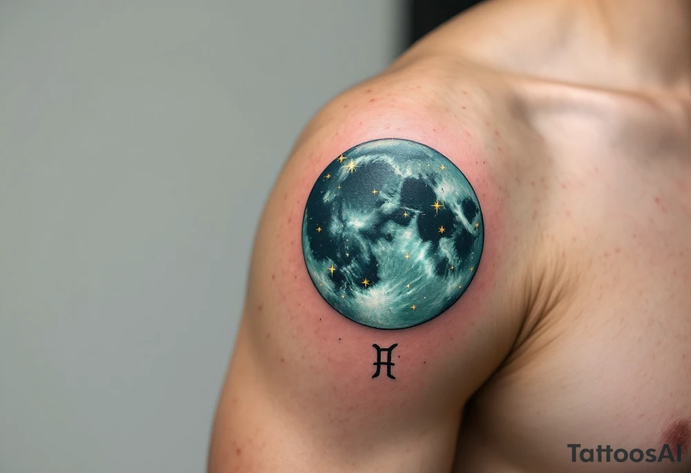 The Cancer stars constellatiob in gold over a moody teal moon, with the Cancer symbol etched in black beneath. tattoo idea