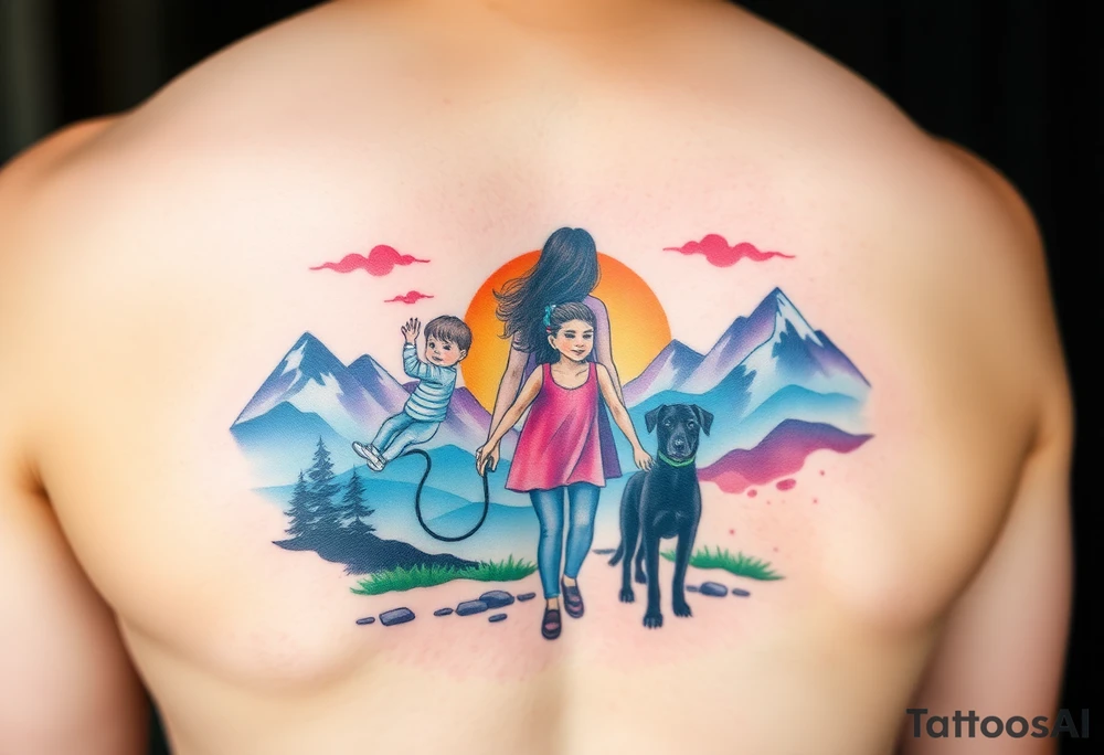 Family 2 parents, 1 baby boy in his mother’s arms, one 3-year girl holding the hand of the father and the mother and one black dog walking through the the sunset and mountains tattoo idea