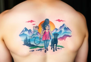 Family 2 parents, 1 baby boy in his mother’s arms, one 3-year girl holding the hand of the father and the mother and one black dog walking through the the sunset and mountains tattoo idea