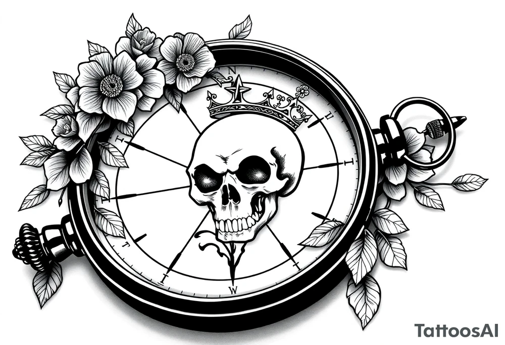 Compass with detailed beautiful gothic boho flowers on vine and skull with gorgeous crown tattoo idea