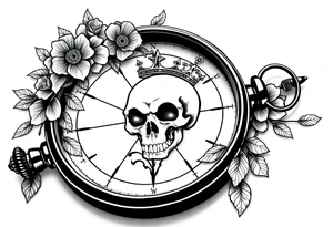 Compass with detailed beautiful gothic boho flowers on vine and skull with gorgeous crown tattoo idea