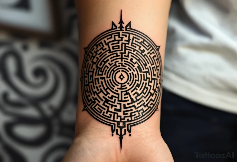 A circular tribal maze in dark brown and beige, inspired by Hopi labyrinth designs. tattoo idea