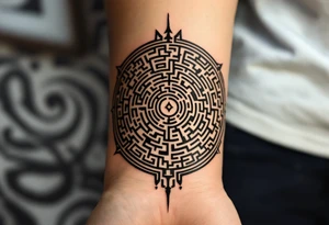 A circular tribal maze in dark brown and beige, inspired by Hopi labyrinth designs. tattoo idea