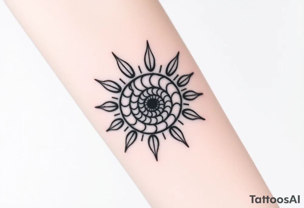 Fibonacci spiral shell inside of sun tattoo idea