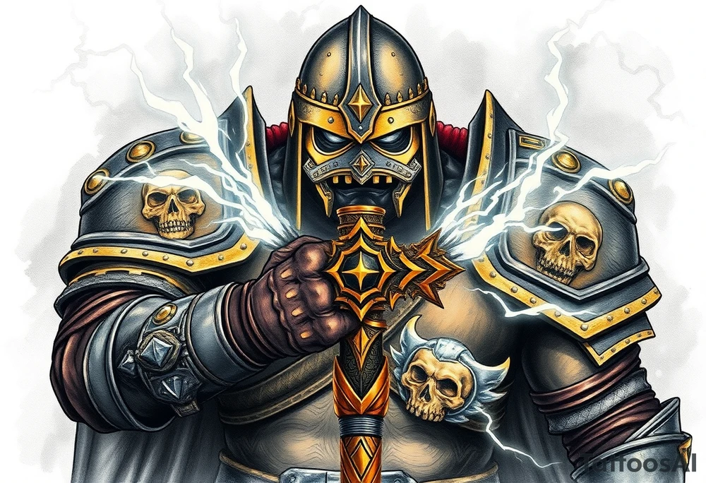 Warhammer, the Old World. A warrior priest of Sigmar holding The Warhammer of Sigmar. The Warhammer of Sigmar is radiating thunderous energy. The Warhammer is held by the warrior priest with both hands at the handle with a firm grip inorder to contain its unlimited energy, upon his chest level. The Warrior priest is wearing dark alloyed heavy armour (reference armor from warhammer vermintide 2 Victor Saltzpyres, the warrior priest of Sigmar class) with skull sigils on his shoulder pads. The warrior priest is wearing a helmet, while the helmets front visor has an humanoid face covering. The helmet and armour are gladened with hints of gold and crimson red. The Warhammer is silverish and golden with a long handle tattoo idea
