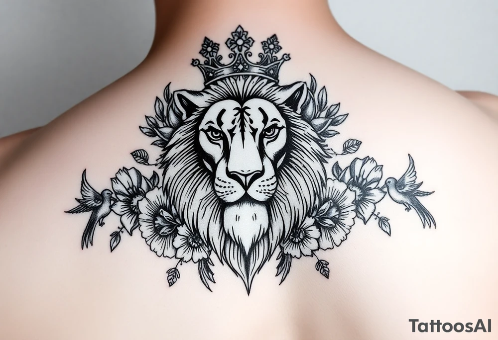 powerful majestic lion with a crown, surrounded by floral ornaments and birds tattoo idea