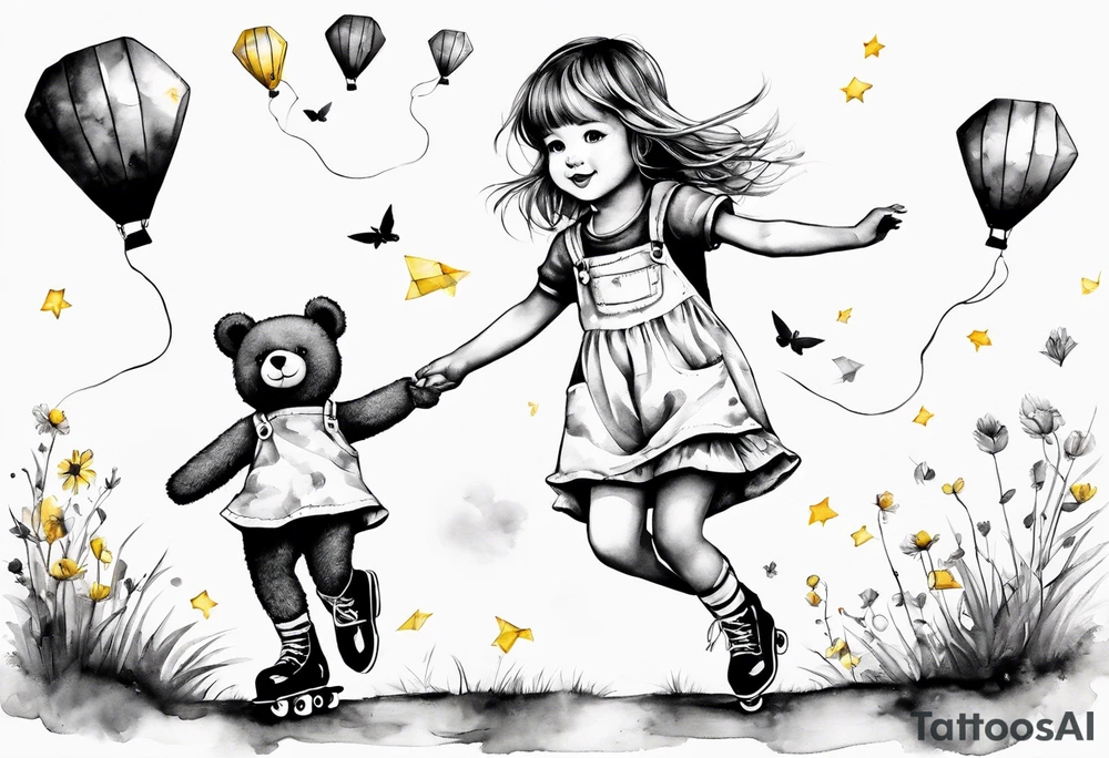a little girl in a dress & a teddy bear in roller skates and yellow overalls, flying kites tattoo idea
