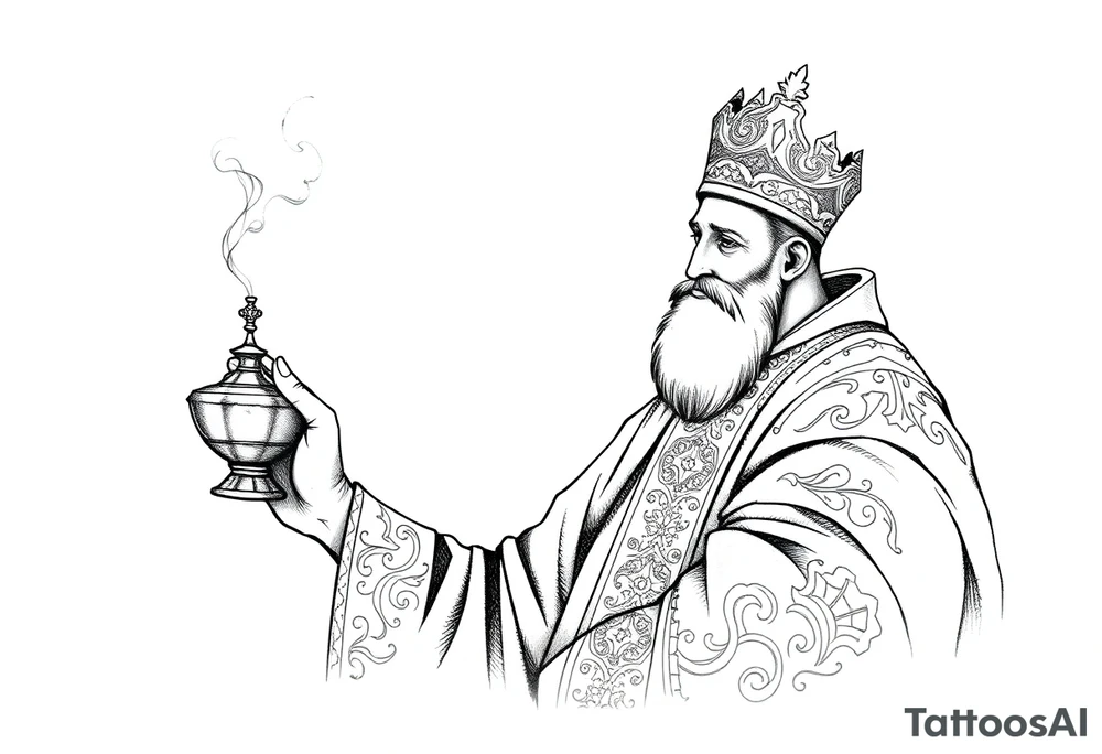A Russian Orthodox Priest in full gold vestments swinging a censer with smoke curling upward 

The ornate robes give incredible fine line detail
The incense smoke could flow and connect to other elements
It ties directly into the church and Virgin Mary you already have
Very culturally authentic to the overall theme tattoo idea