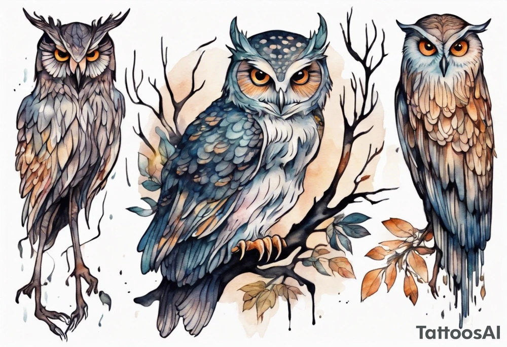 a creature with long legs and the head of an owl walking on a forest path at night tattoo idea