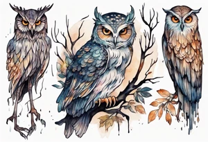 a creature with long legs and the head of an owl walking on a forest path at night tattoo idea