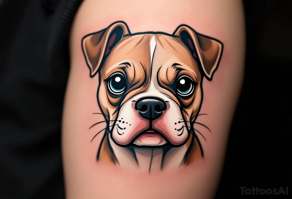 Cartoon Staffordshire Bull Terrier – A cute, exaggerated version with big eyes and floppy ears, shaded in light brown and creamy white, playful and sweet. tattoo idea